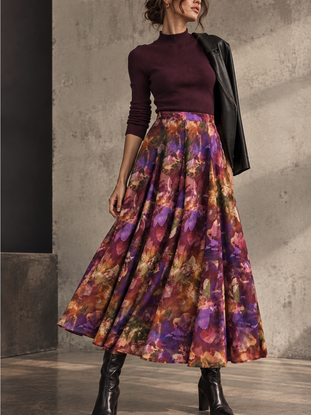 Coldwater Creek Floral Pleated Full Maxi Skirt Purple Rust Size L